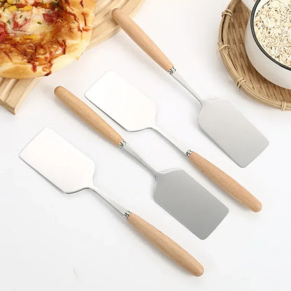 Stainless Steel Square Head Steak Cooking Spatula Wood Handle