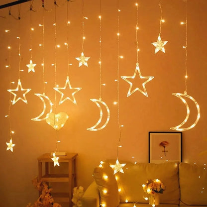 Star Moon Curtain Garland String Light Aid Ramadan Mubarak