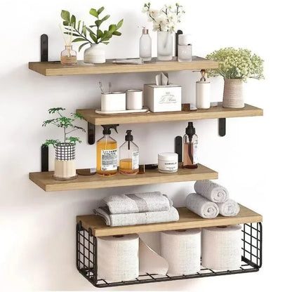 Wall Shelves Floating Mounted Wooden Storage Rack 4 Piece Set