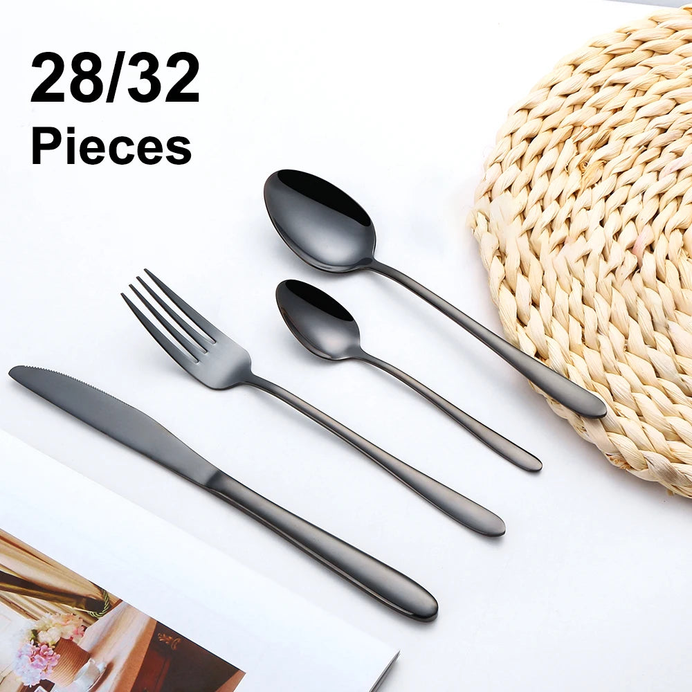 24/28/32 Pieces Black Tableware Stainless Steel Western Cutlery Set