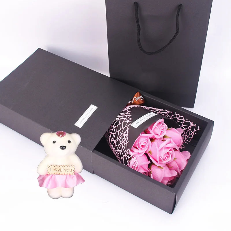 7 Heads Artificial Rose Bouquet Little Bear Gift Box Handmade