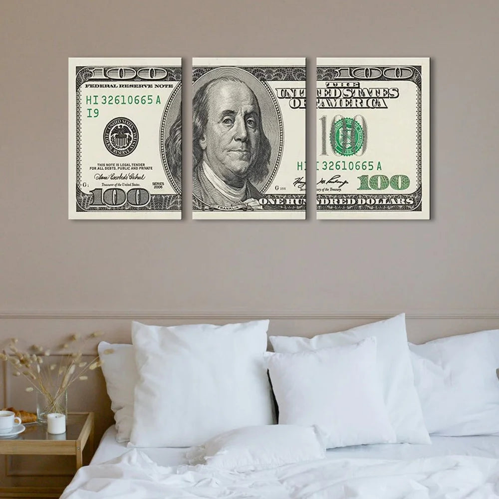 3 Panels 100 Bill Dollar Cash Collection Canvas Wall Art for Living Room