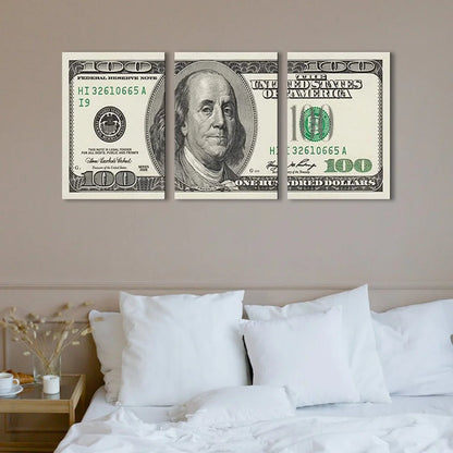 3 Panels 100 Bill Dollar Cash Collection Canvas Wall Art for Living Room