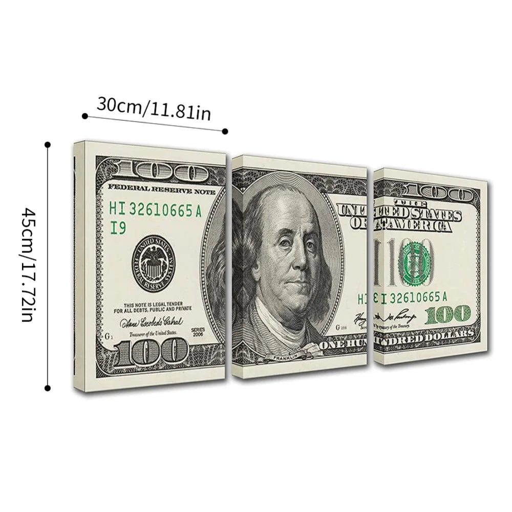 3 Panels 100 Bill Dollar Cash Collection Canvas Wall Art for Living Room