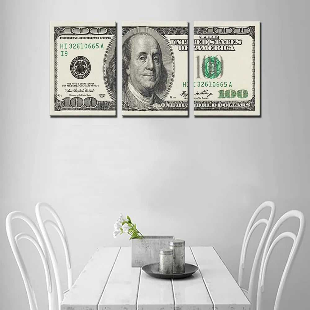 3 Panels 100 Bill Dollar Cash Collection Canvas Wall Art for Living Room