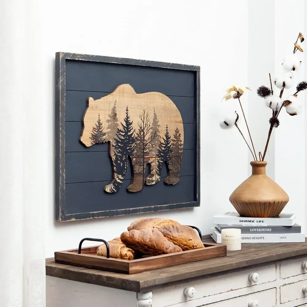 Cute Bear in The Forest Decorative Wood Framed Wall Art Prints Cabin Decor, 21" x 16"