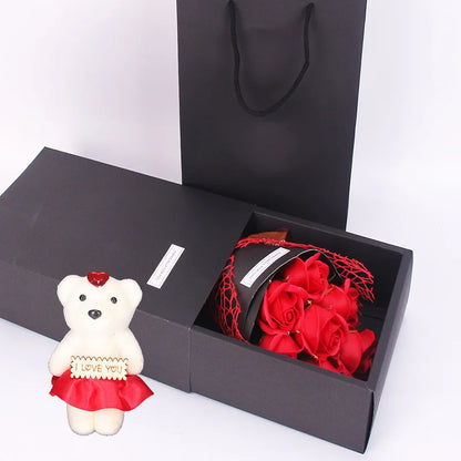 7 Heads Artificial Rose Bouquet Little Bear Gift Box Handmade