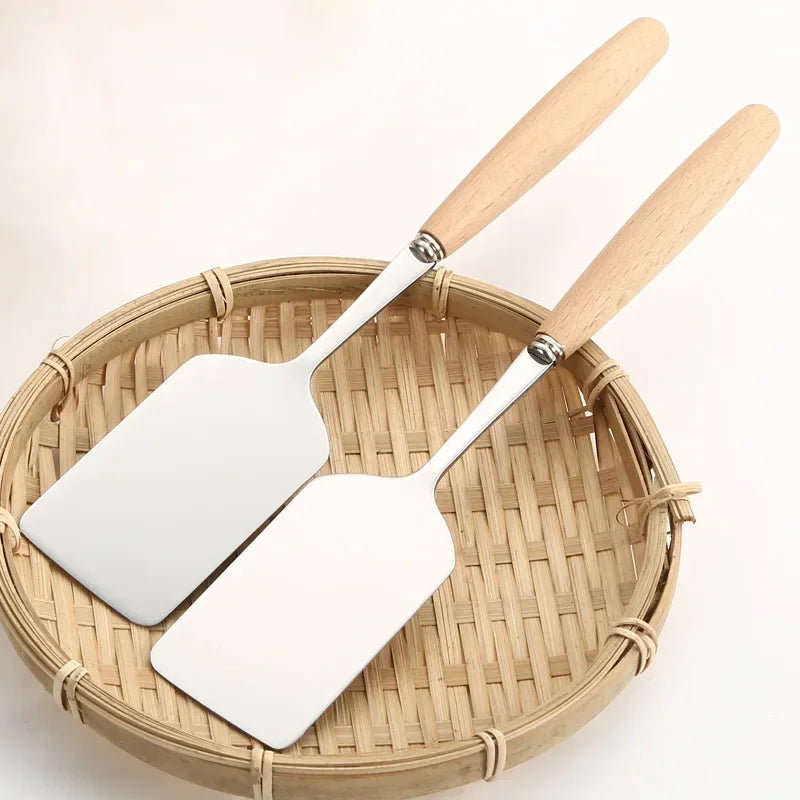 Stainless Steel Square Head Steak Cooking Spatula Wood Handle