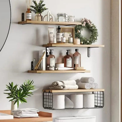 Wall Shelves Floating Mounted Wooden Storage Rack 4 Piece Set