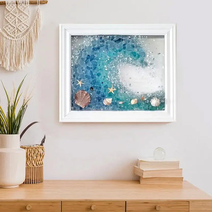 Sea Glass Art Handmade White Framed Wall Decor