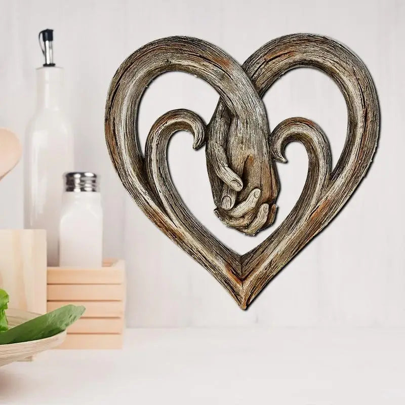 Wooden Heart Holding Hands Wall Decor Sculpture