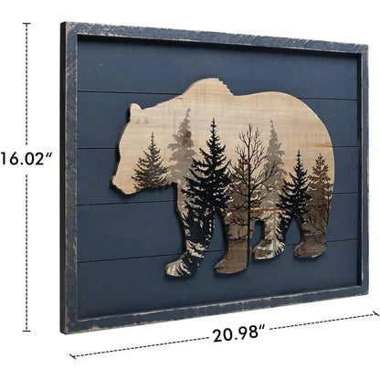 Cute Bear in The Forest Decorative Wood Framed Wall Art Prints Cabin Decor, 21" x 16"