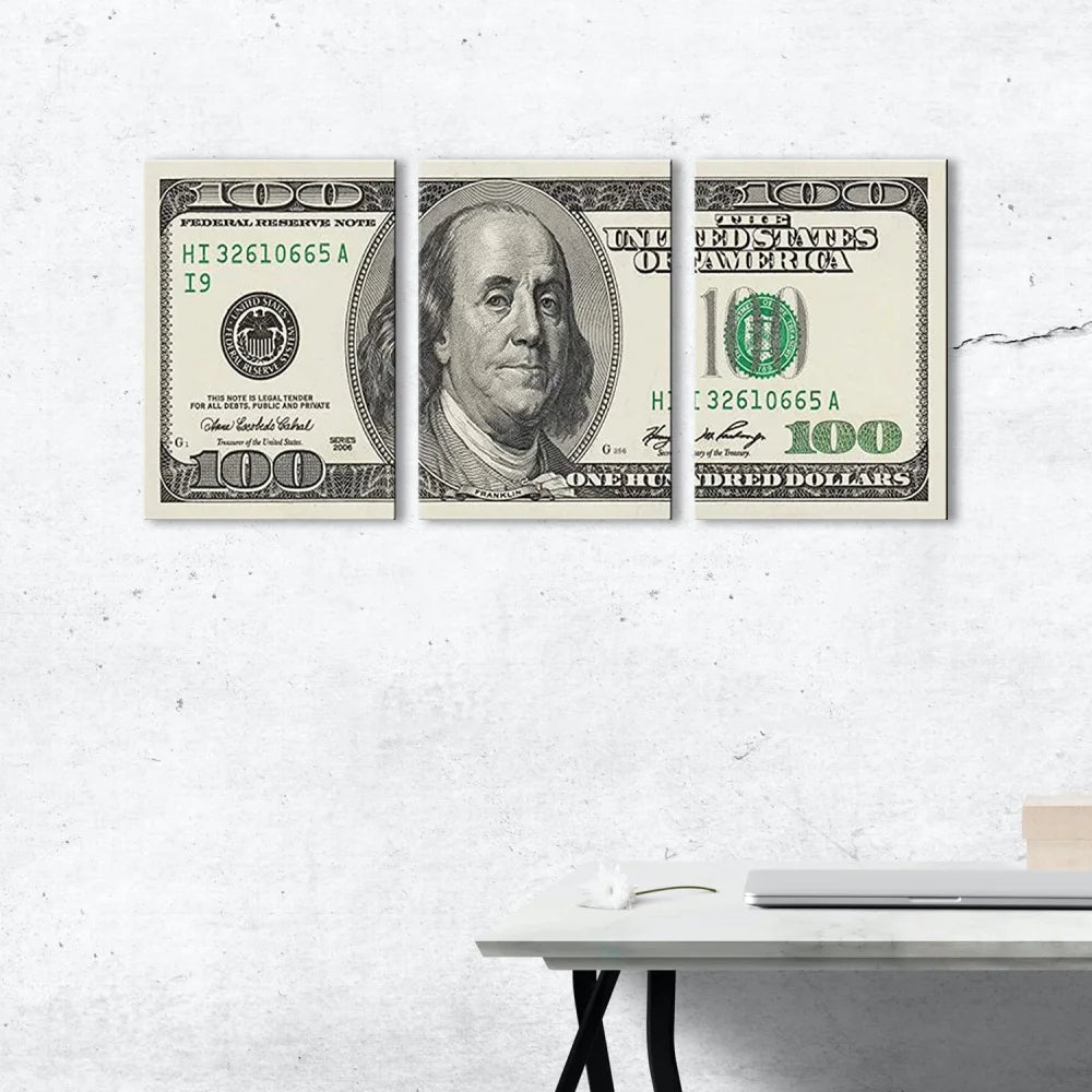 3 Panels 100 Bill Dollar Cash Collection Canvas Wall Art for Living Room