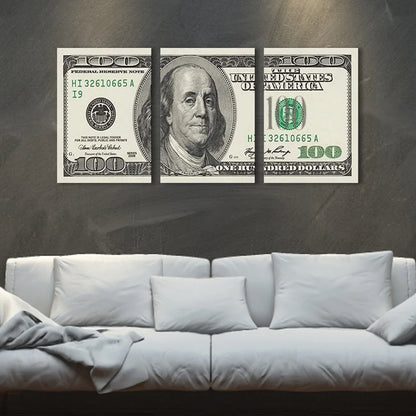 3 Panels 100 Bill Dollar Cash Collection Canvas Wall Art for Living Room