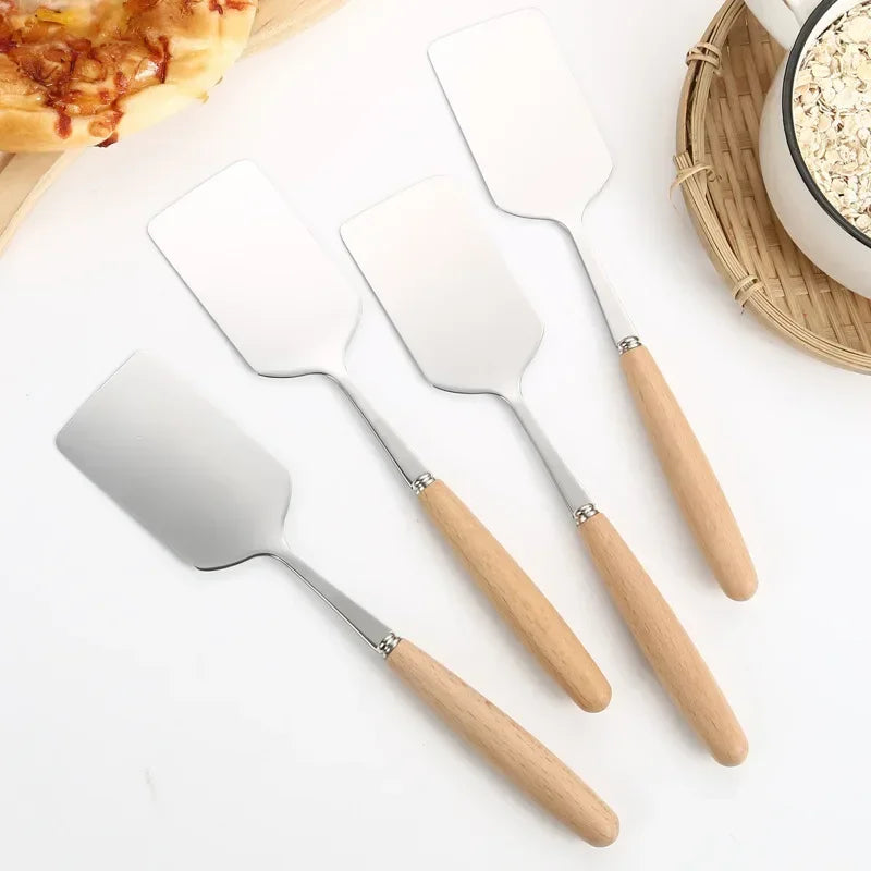 Stainless Steel Square Head Steak Cooking Spatula Wood Handle