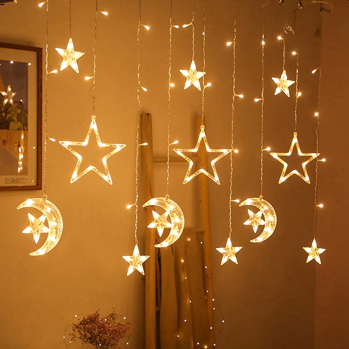 Star Moon Curtain Garland String Light Aid Ramadan Mubarak