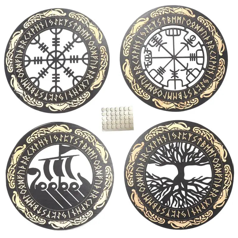 4PCS Set Round Wall Art Nordics Viking Runes Wooden Wall Decor