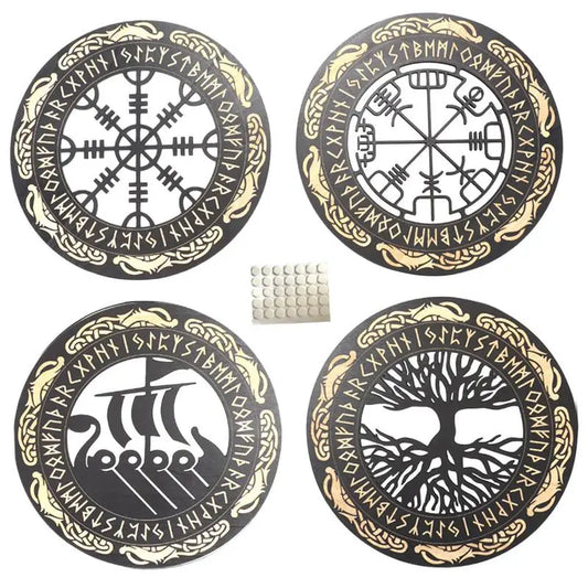 4PCS Set Round Wall Art Nordics Viking Runes Wooden Wall Decor