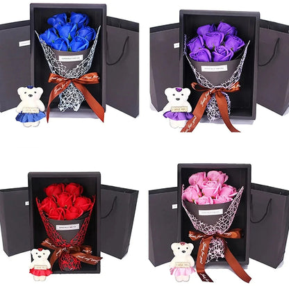 7 Heads Artificial Rose Bouquet Little Bear Gift Box Handmade