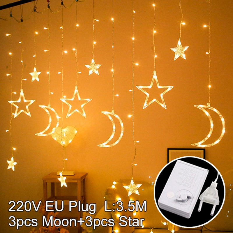 Star Moon Curtain Garland String Light Aid EID Mubarak Ramadan Decoration for Home Arabic Islam Muslim Event Party Supplies 2023