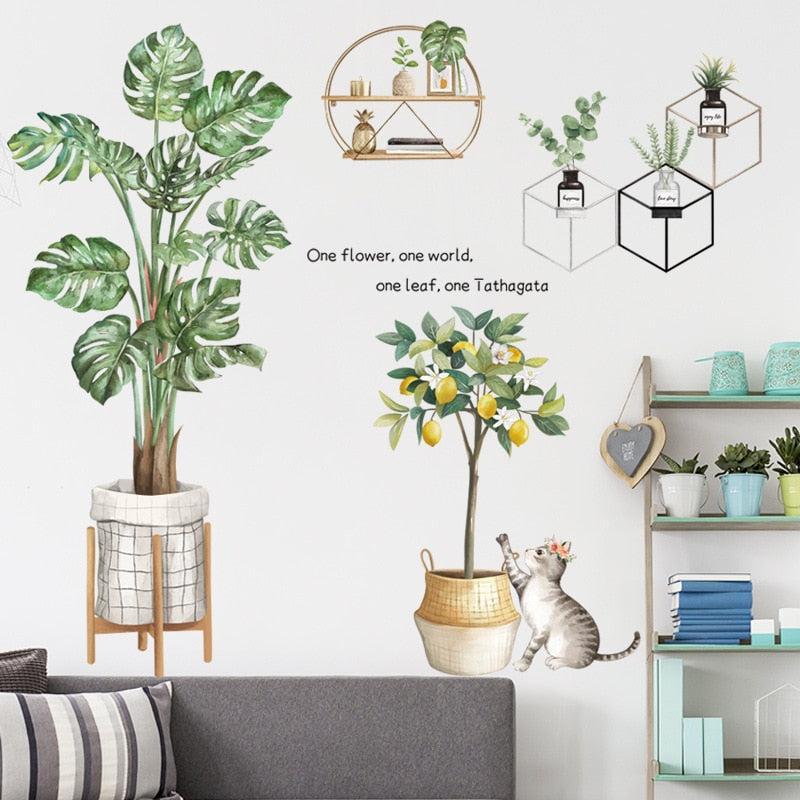 Nordic Large Green Leaf Potted Wall Stickers for Home Decor Removble Viny Wall Decals for Living room Bedroom Wall Decor Murals