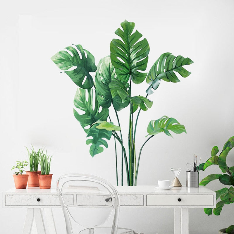 Mamalook Large Tropical Green Plant Leaves Wall Stickers Home Room Decor Palm Decal PVC Murals