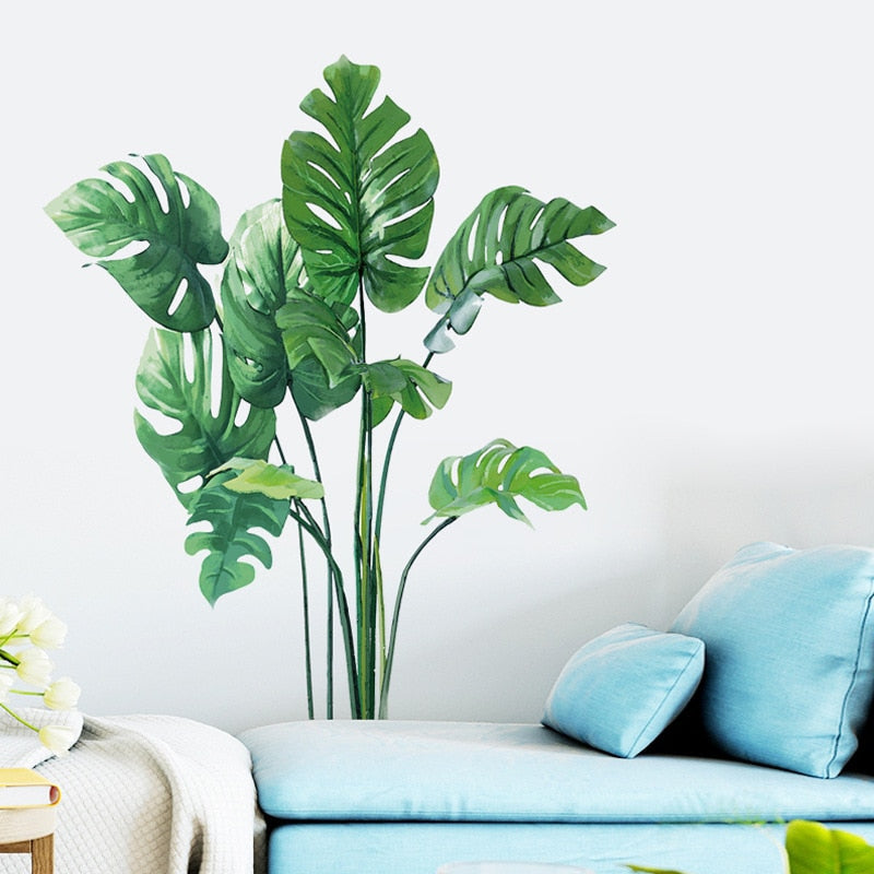 Mamalook Large Tropical Green Plant Leaves Wall Stickers Home Room Decor Palm Decal PVC Murals