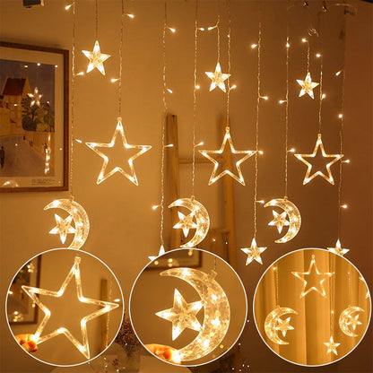 Star Moon Curtain Garland String Light Aid EID Mubarak Ramadan Decoration for Home Arabic Islam Muslim Event Party Supplies 2023