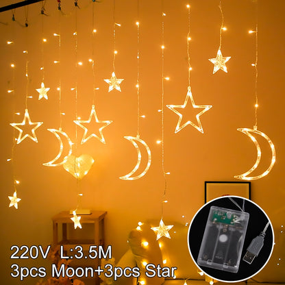 Star Moon Curtain Garland String Light Aid EID Mubarak Ramadan Decoration for Home Arabic Islam Muslim Event Party Supplies 2023