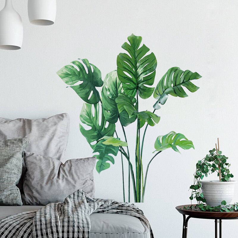 Mamalook Large Tropical Green Plant Leaves Wall Stickers Home Room Decor Palm Decal PVC Murals