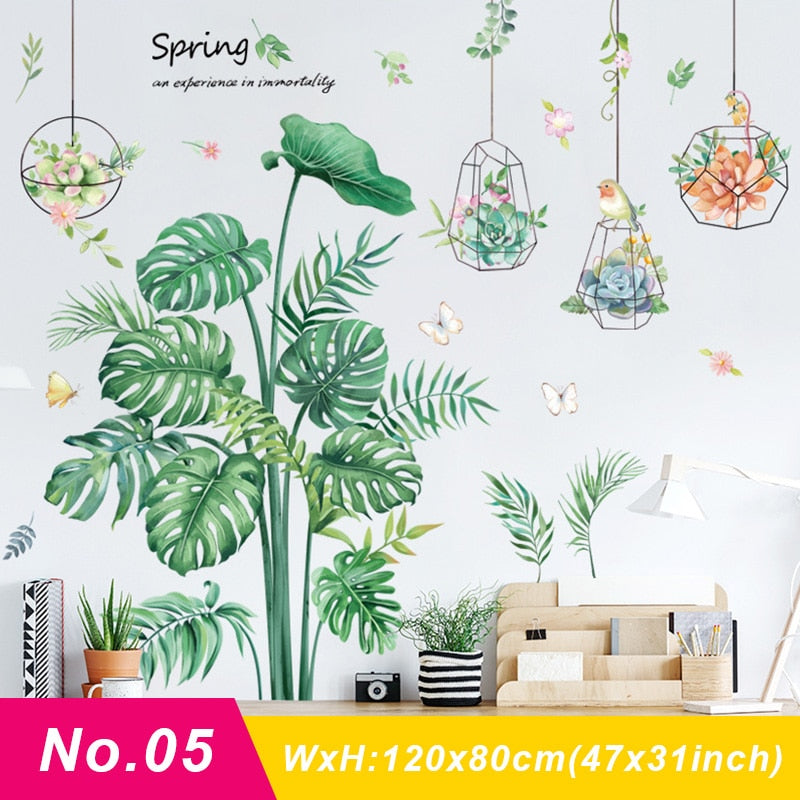 Nordic Large Green Leaf Potted Wall Stickers for Home Decor Removble Viny Wall Decals for Living room Bedroom Wall Decor Murals