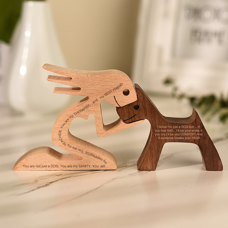 Family Puppy Wood Dog Craft Figurine Desktop Table Ornament Carving Model Home Office Decoration Pet Sculpture Christmas Gift