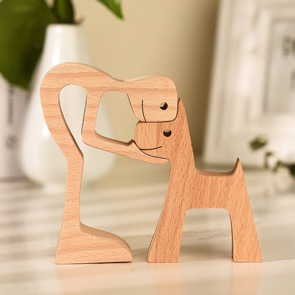 Family Puppy Wood Dog Craft Figurine Desktop Table Ornament Carving Model Home Office Decoration Pet Sculpture Christmas Gift