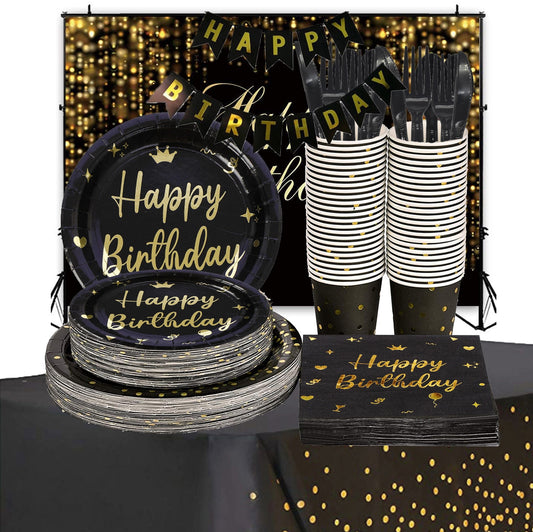 Black Gold Foil Happy Birthday Paper Cups, Disposable Party Supplies