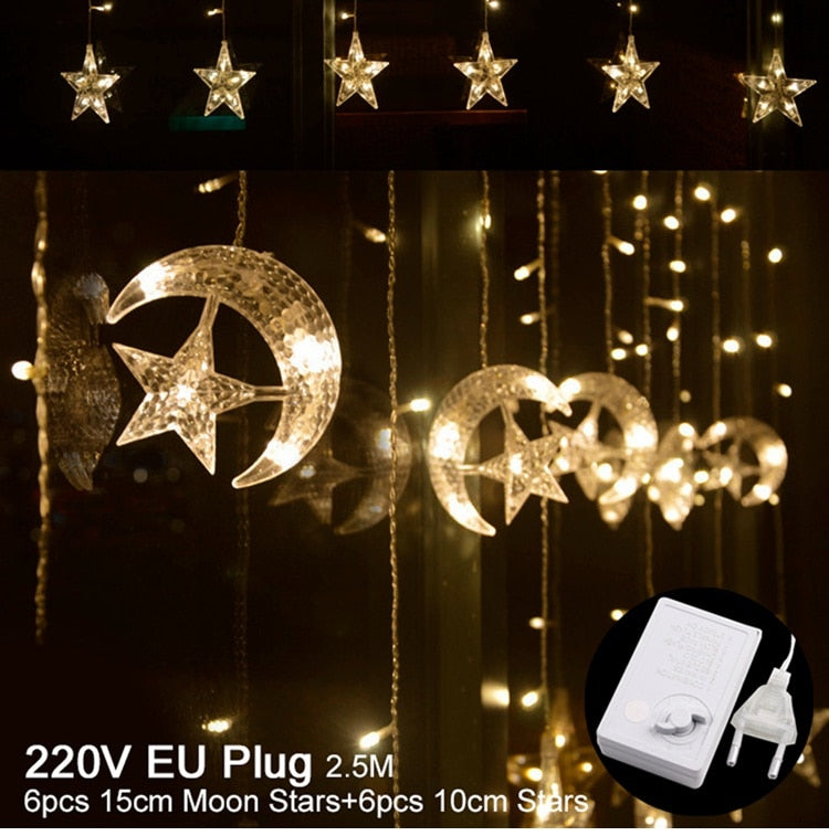 Star Moon Curtain Garland String Light Aid EID Mubarak Ramadan Decoration for Home Arabic Islam Muslim Event Party Supplies 2023