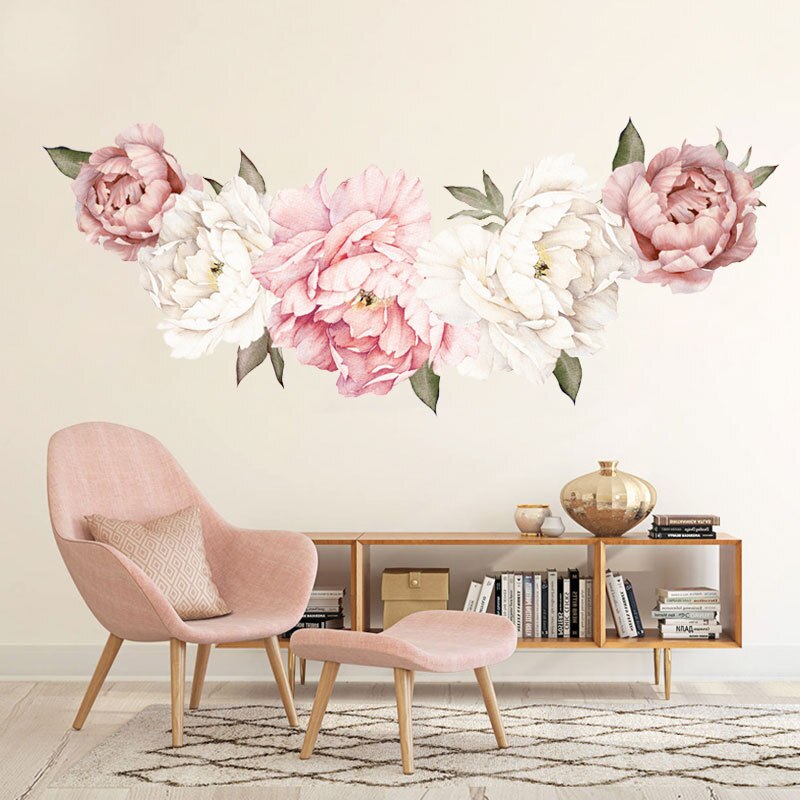 Beautiful Pink Peony Flowers Wall Stickers for Kids Room.