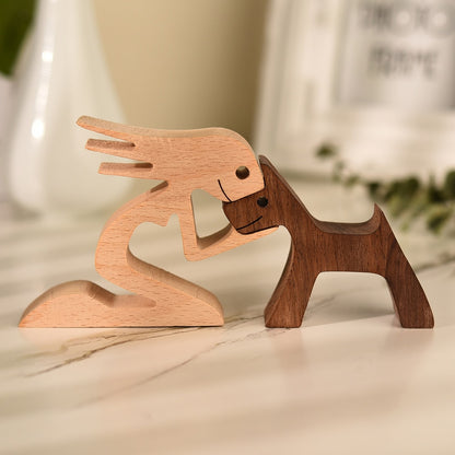 Family Puppy Wood Dog Craft Figurine Desktop Table Ornament Carving Model Home Office Decoration Pet Sculpture Christmas Gift