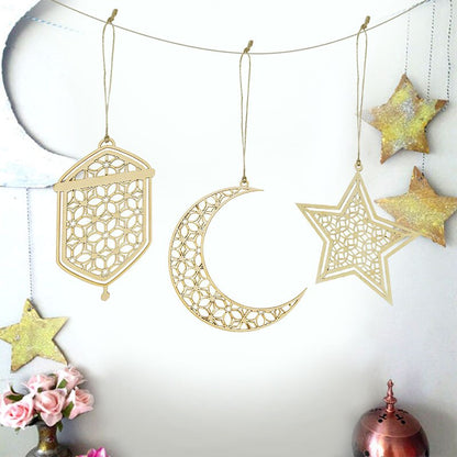 Wooden Crescent Moon Hanging Ornament, Islam Muslim Home Table Decoration.