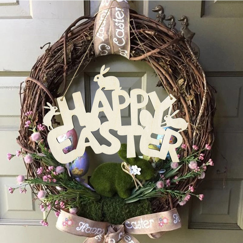 HAPPY EASTER Party Door Hanging Sign Wooden Easter Egg Rabbite Bunny For Home Decor Easter Wreath Supplies Wood Crafts Ornaments