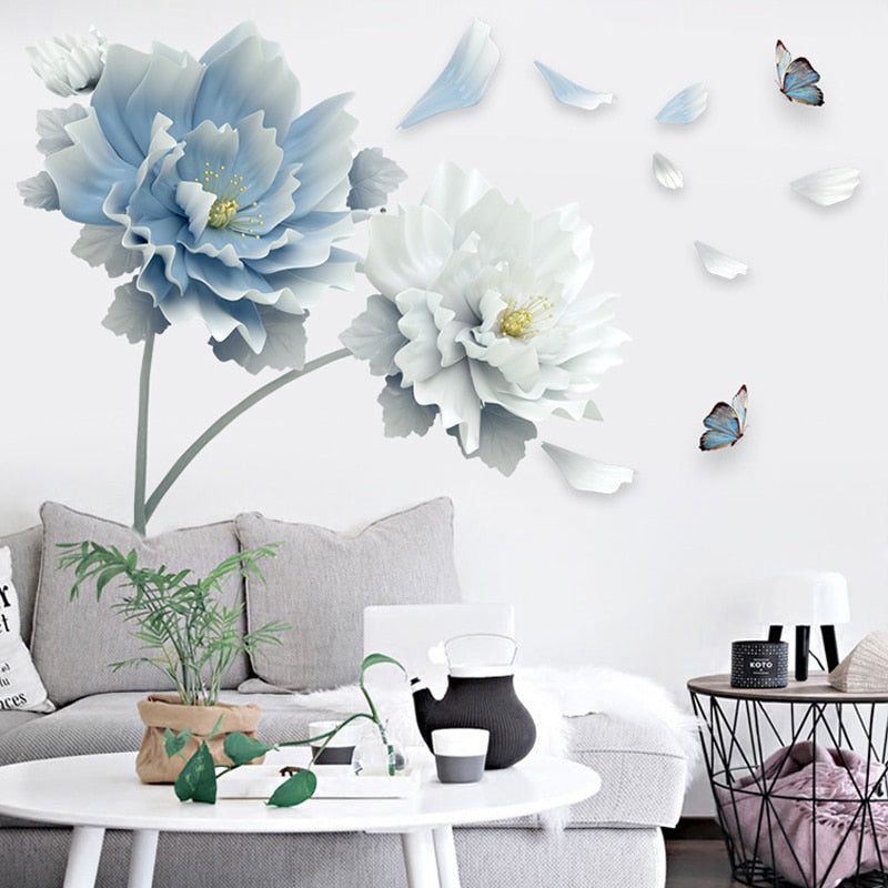 Large White Blue Flower Lotus Butterfly Removable Wall Sticker 3D Wall Art Decals Mural Art for Living Room Bedroom Home Decor