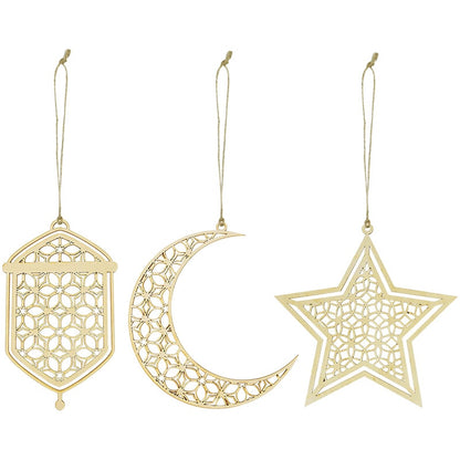 Wooden Crescent Moon Hanging Ornament, Islam Muslim Home Table Decoration.