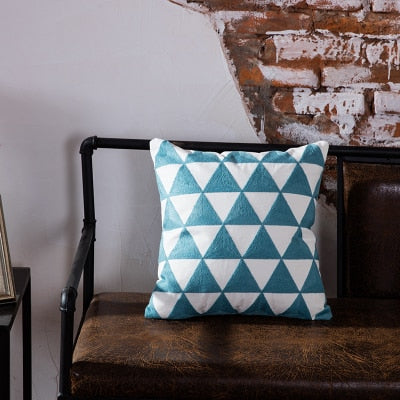 Home Decor Emboridered Cushion Cover Blue Geometric Canvas Cotton Suqare Embroidery Pillow Cover 45x45cm