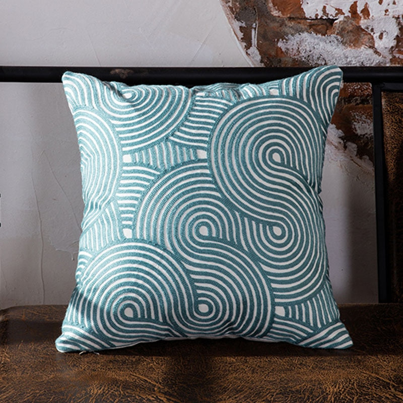 Home Decor Emboridered Cushion Cover Blue Geometric Canvas Cotton Suqare Embroidery Pillow Cover 45x45cm