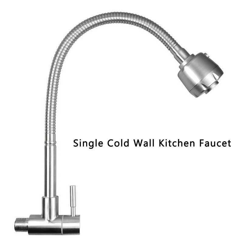 Stainless Steel Wall Mounted Kitchen Faucet Wall Kitchen Mixers Kitchen Sink Tap 360 Degree Swivel Flexible Hose Double Holes