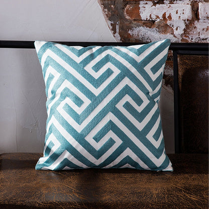 Home Decor Emboridered Cushion Cover Blue Geometric Canvas Cotton Suqare Embroidery Pillow Cover 45x45cm