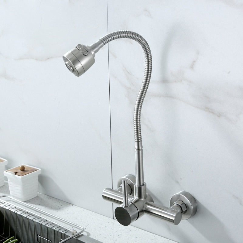 Stainless Steel Wall Mounted Kitchen Faucet Wall Kitchen Mixers Kitchen Sink Tap 360 Degree Swivel Flexible Hose Double Holes