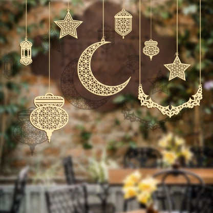 Wooden Crescent Moon Hanging Ornament, Islam Muslim Home Table Decoration.