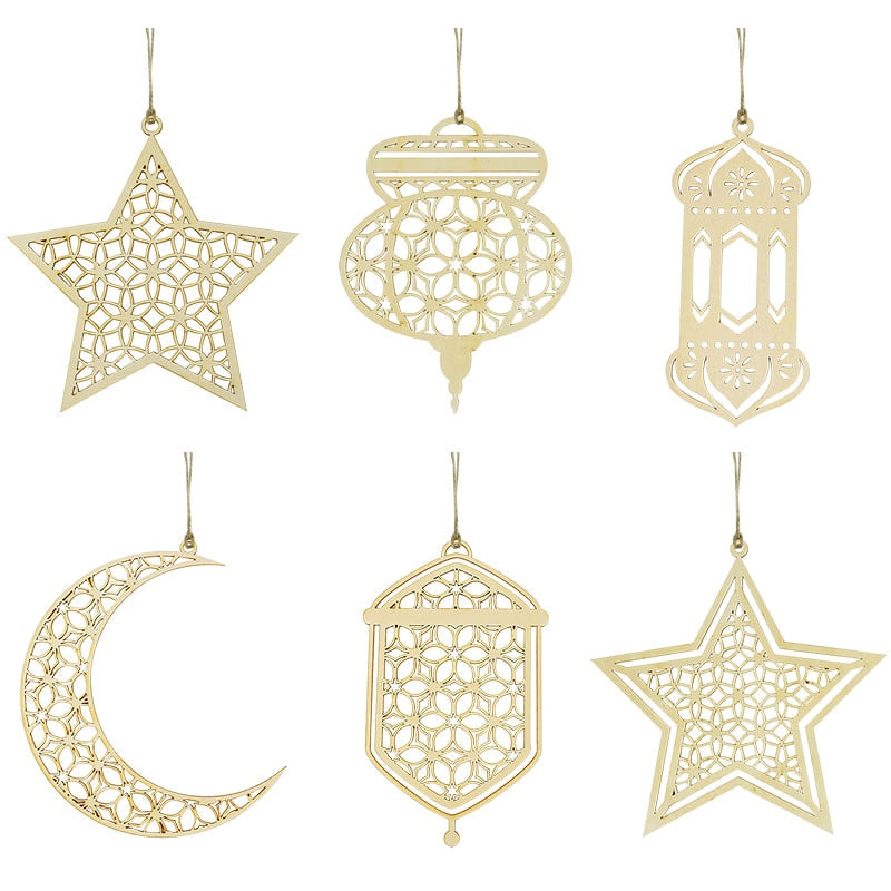 Wooden Crescent Moon Hanging Ornament, Islam Muslim Home Table Decoration.