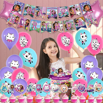 New Gabby Dollhouse Cats Birthday Party Supplies Disposable Tableware Girls Dinner Dessert Plates Napkins Cups Home Decorations