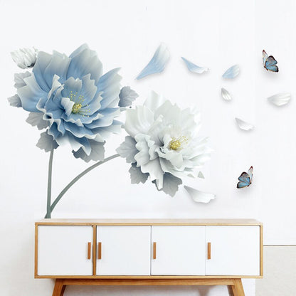 Large White Blue Flower Lotus Butterfly Removable Wall Sticker 3D Wall Art Decals Mural Art for Living Room Bedroom Home Decor